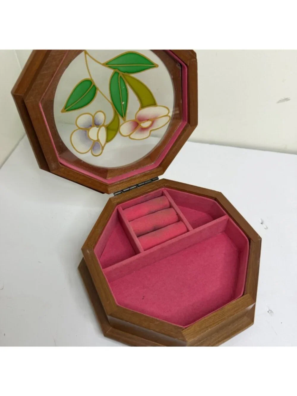 Vintage Mele Octagonal Wood w/ Pink Stained Glass Floral Lid Wooden Jewelry Box